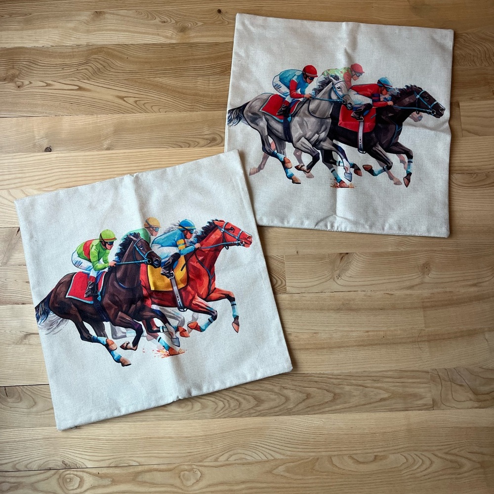 NWOT Horse Racing Print Pillow Covers 18x18”
